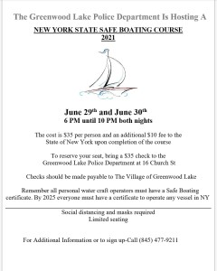 Safe Boating Skills Course Greenwood Lake @ Greenwood Lake Police Dept. | Greenwood Lake | New York | United States