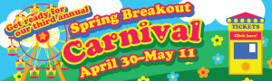 Colorful carnival-themed banner with a Ferris wheel, ticket booth, flowers, and text: “Get ready for our third annual Spring Breakout Carnival April 30–May 11.” Part of the Warwick NY Events and Entertainment lineup!.