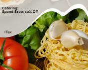 A promotional flyer for Thursday specials shows fresh pasta, garlic, and a tomato. Specials include pasta dinner for $10.99, $5 off any dinner, and sub, wrap & focaccia for $9.99. Catering discount also mentioned.
