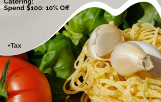 A promotional flyer for Thursday specials shows fresh pasta, garlic, and a tomato. Specials include pasta dinner for $10.99, $5 off any dinner, and sub, wrap & focaccia for $9.99. Catering discount also mentioned.