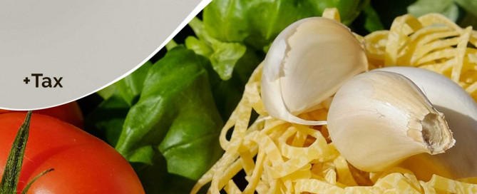 A promotional flyer for Thursday specials shows fresh pasta, garlic, and a tomato. Specials include pasta dinner for $10.99, $5 off any dinner, and sub, wrap & focaccia for $9.99. Catering discount also mentioned.