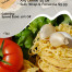 A promotional flyer for Thursday specials shows fresh pasta, garlic, and a tomato. Specials include pasta dinner for $10.99, $5 off any dinner, and sub, wrap & focaccia for $9.99. Catering discount also mentioned.